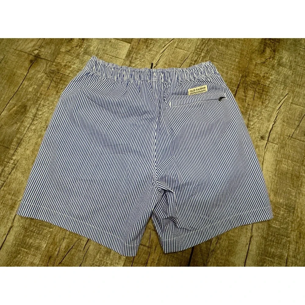 Fair Harbor The Bayberry Swim Trunks Blue White Seersucker Stripe Mens Small